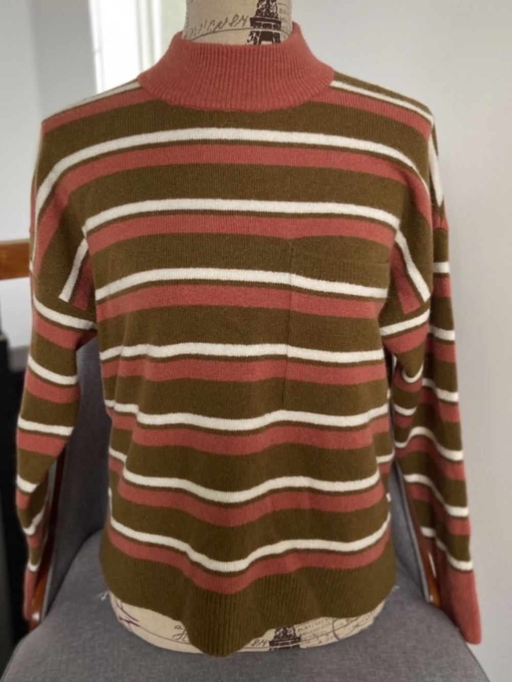 Madewell Olive, Dusty Rose & Cream Striped Mock Neck Sweater